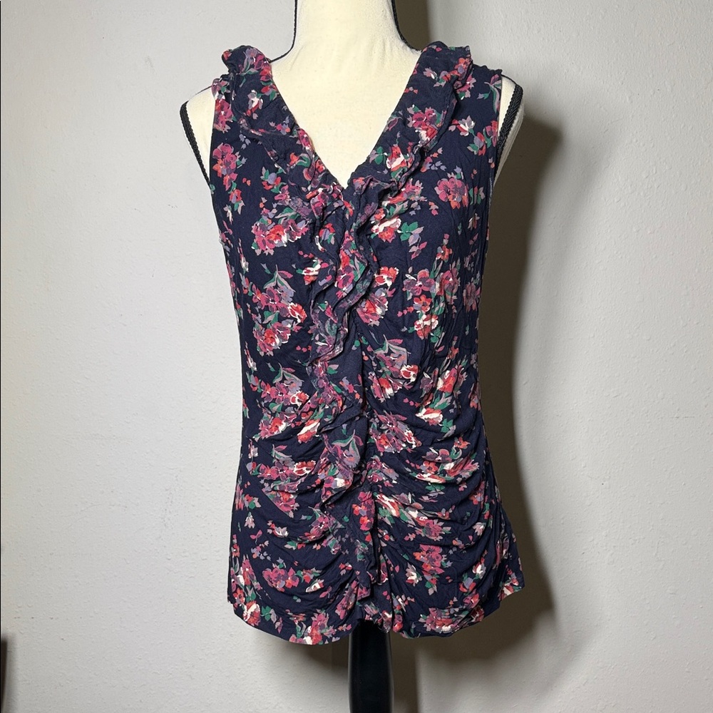 Express Navy Floral Ruffle Blouse